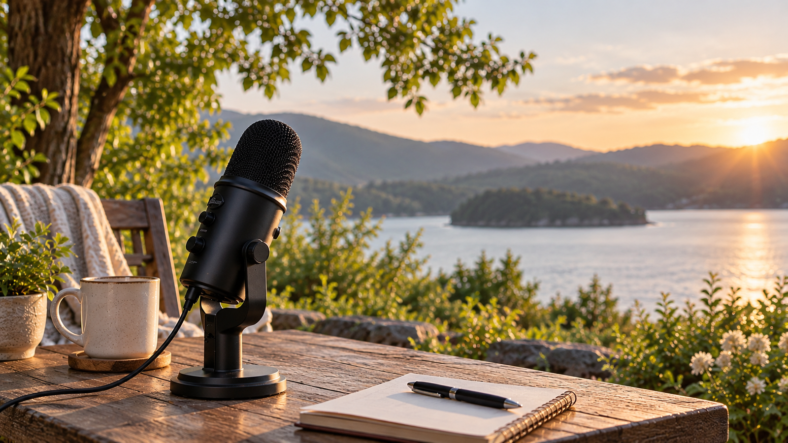 Podcast mic on table with coffee cup and pad pen with lake in background